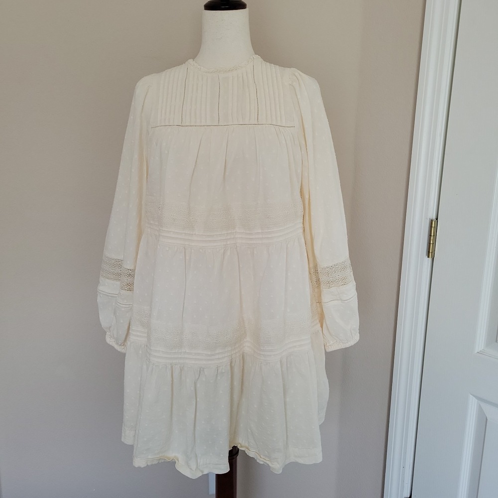 Old Navy Cream Tiered Mini Dress Size S Cottagecore Balloon Long Sleeve Romantic